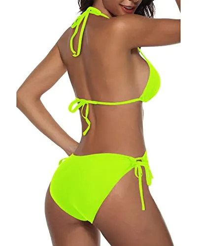 2 Piece Adjustable Neck And Back Bikini Sets For Women-Neon Yellow
