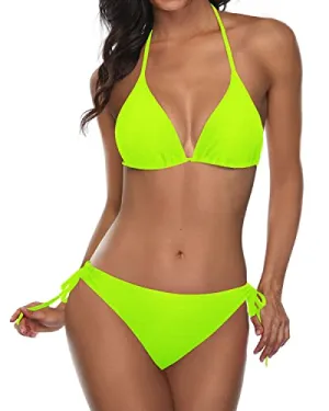 2 Piece Adjustable Neck And Back Bikini Sets For Women-Neon Yellow