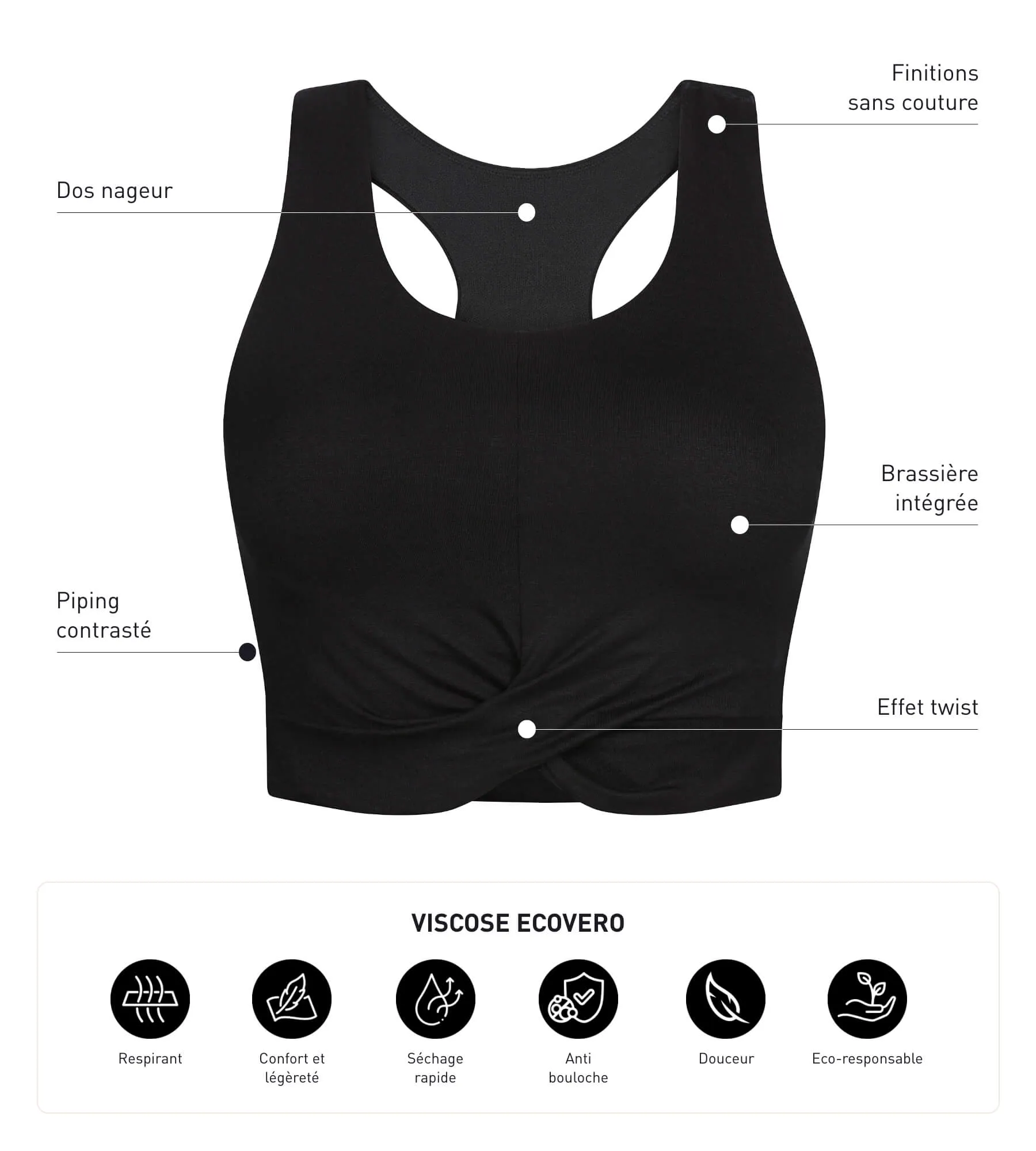 Débardeur de sport femme en viscose noire avec brassière Dim Move