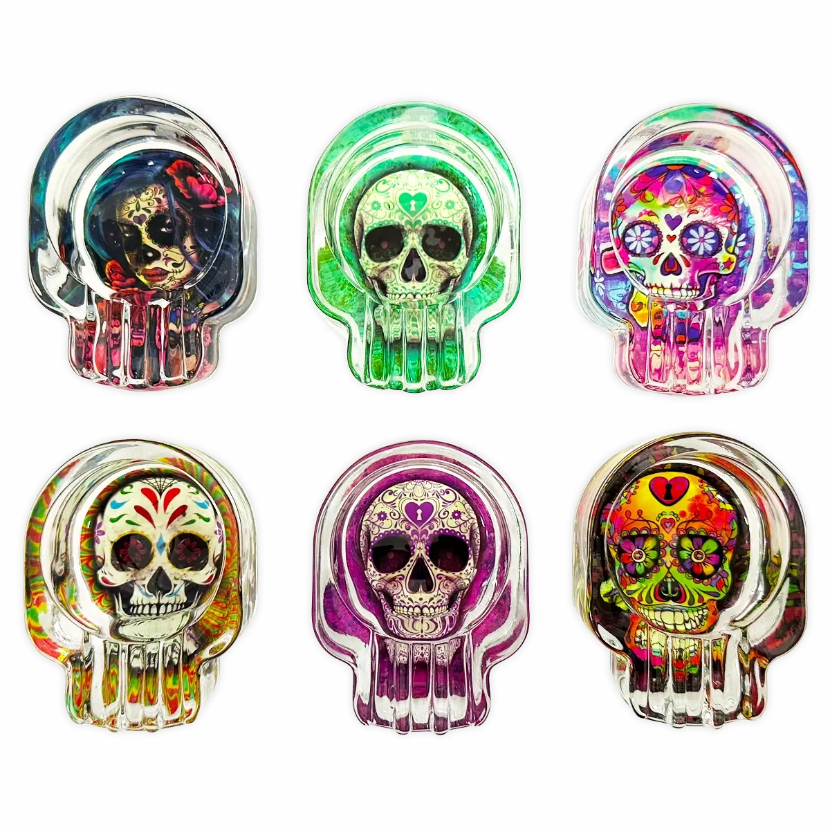 Glass Ashtray in Skull Shaped Design - 6 Pieces Per Retail Ready Wholesale Display 20120