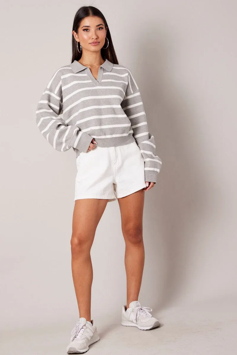 Grey Stripe Knit Top Long Sleeve Collar