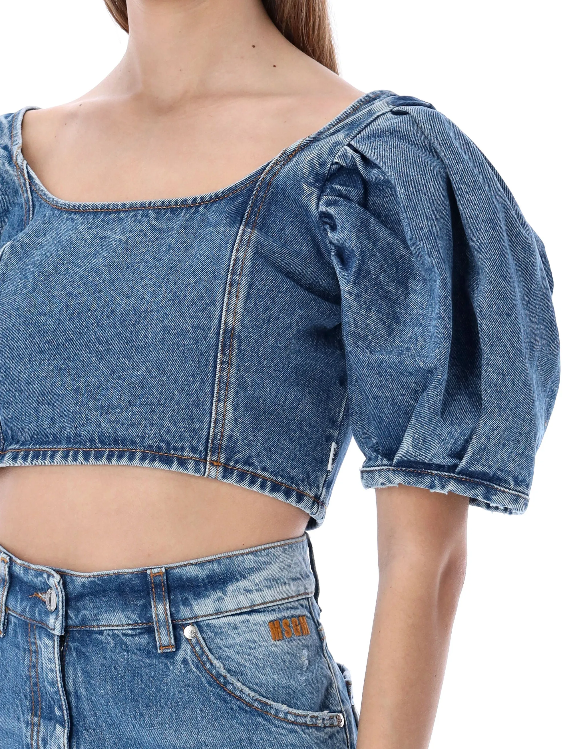 MSGM Puff Sleeved Denim Crop Top