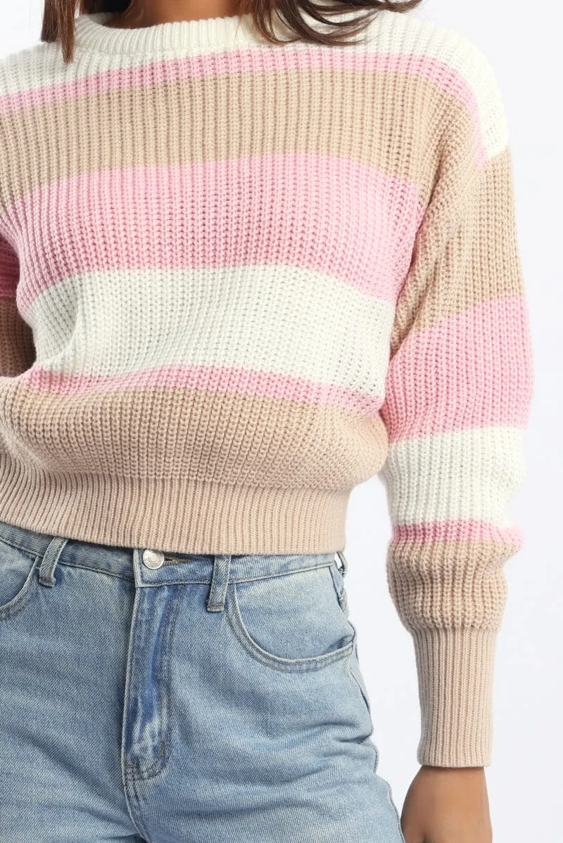 Pink Stripe Knit Top Long Sleeve Color Block