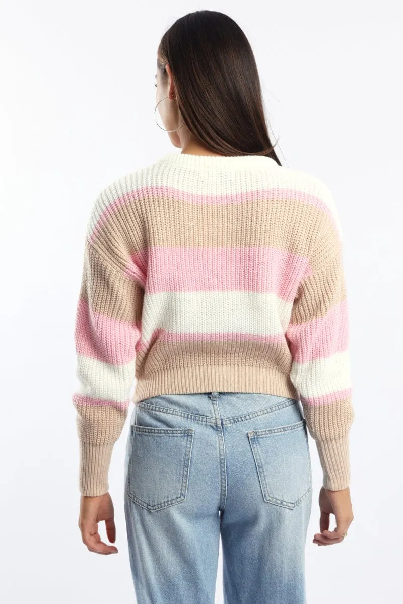 Pink Stripe Knit Top Long Sleeve Color Block