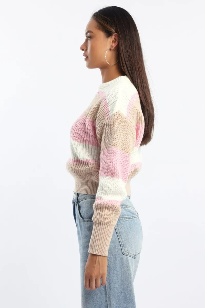 Pink Stripe Knit Top Long Sleeve Color Block