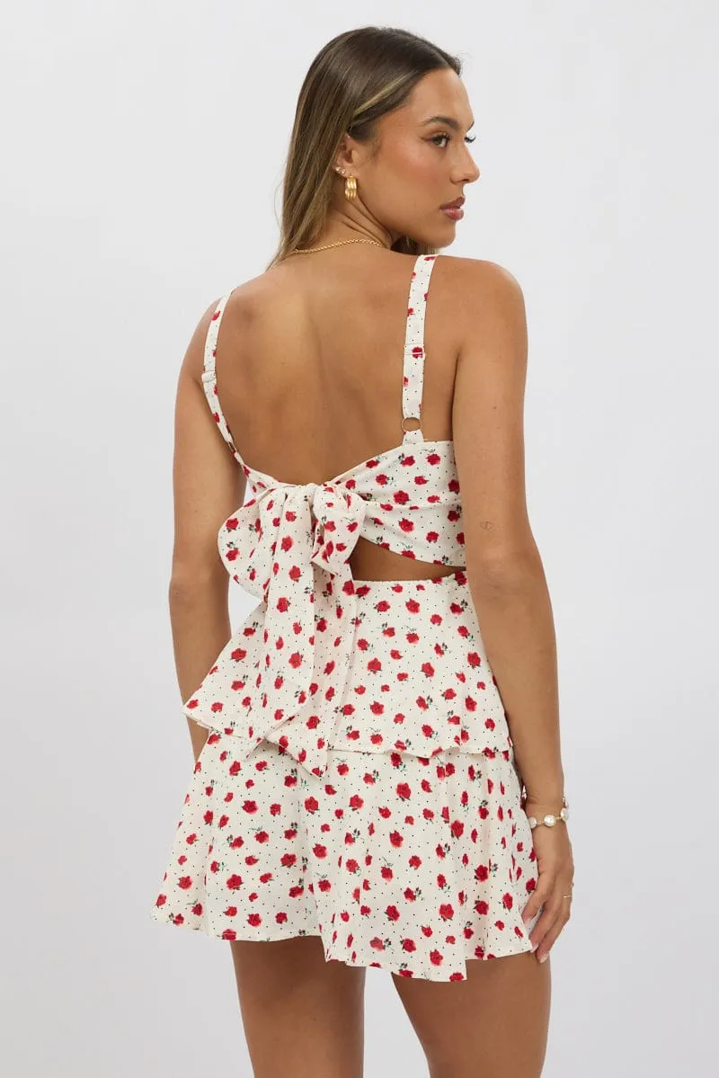 Red Ditsy Fit And Flare Dress Square Neck Mini
