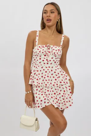 Red Ditsy Fit And Flare Dress Square Neck Mini
