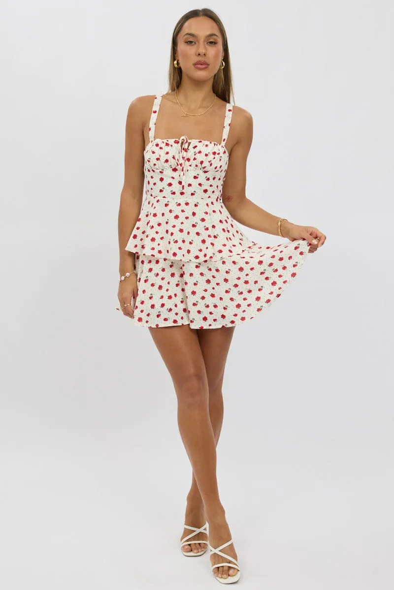 Red Ditsy Fit And Flare Dress Square Neck Mini