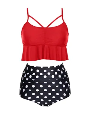 Removable Cotton-Padded Bra Fashionable Appearance High Waist Bikini Sets-Red Dot