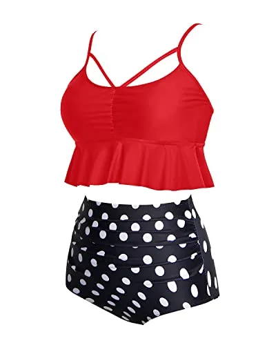 Removable Cotton-Padded Bra Fashionable Appearance High Waist Bikini Sets-Red Dot
