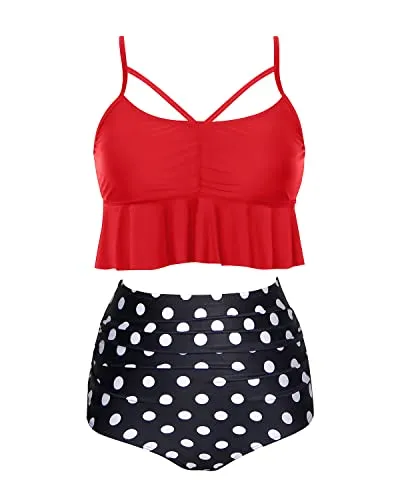 Removable Cotton-Padded Bra Fashionable Appearance High Waist Bikini Sets-Red Dot