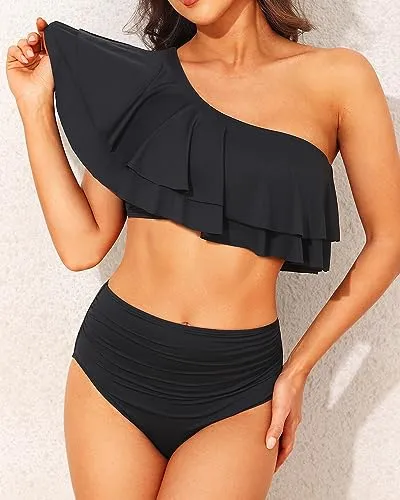 Ruffle Off Shoulder Two Piece High Waisted Bikini Sets