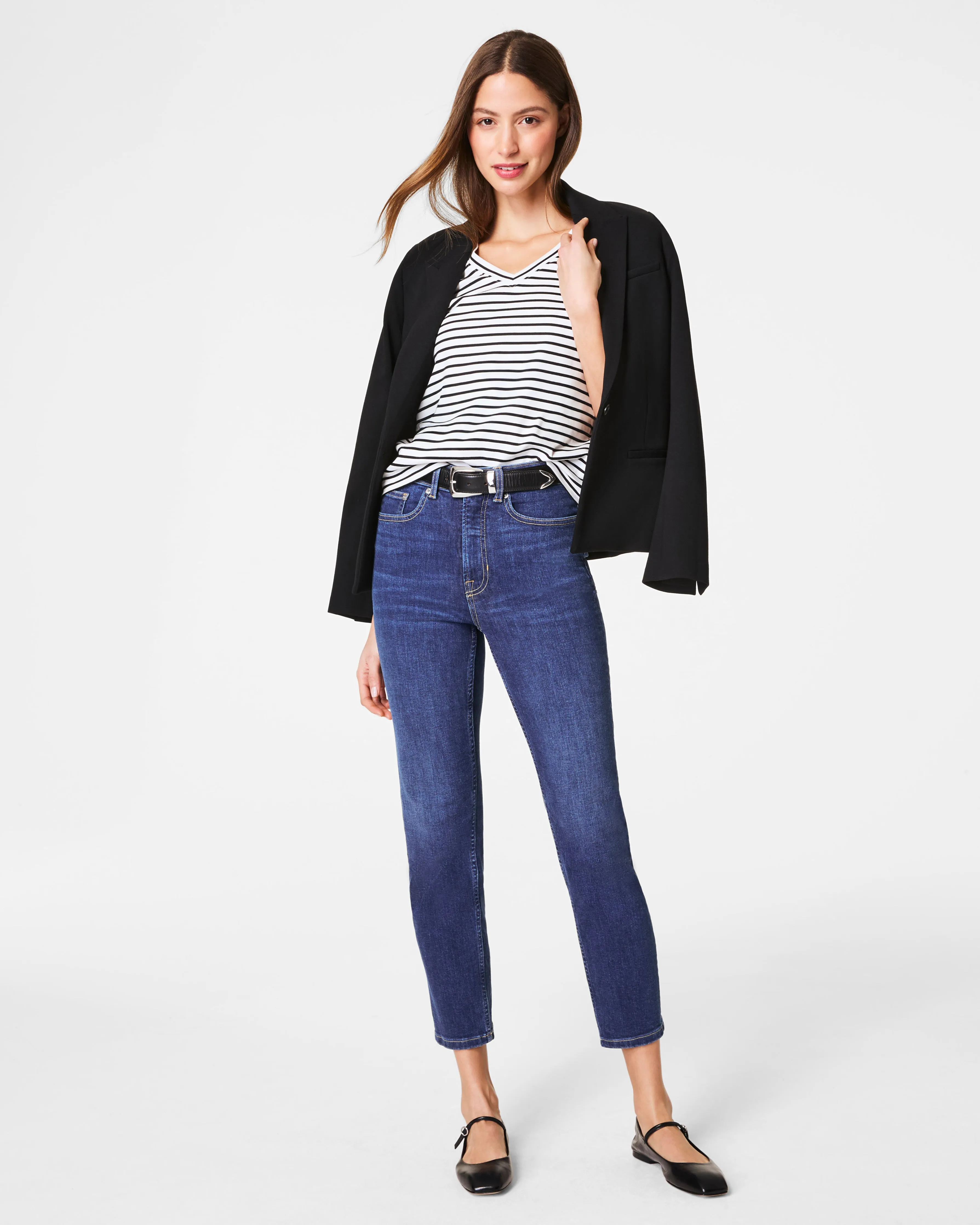SPANX® Cotton V-Neck Tee, Stripe