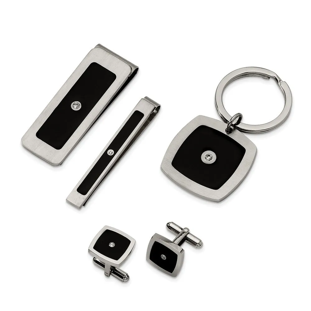 Stainless Steel Black Enamel & CZ 4-piece Boxed Set