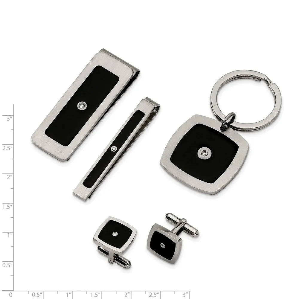 Stainless Steel Black Enamel & CZ 4-piece Boxed Set