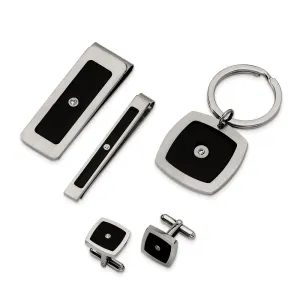 Stainless Steel Black Enamel & CZ 4-piece Boxed Set
