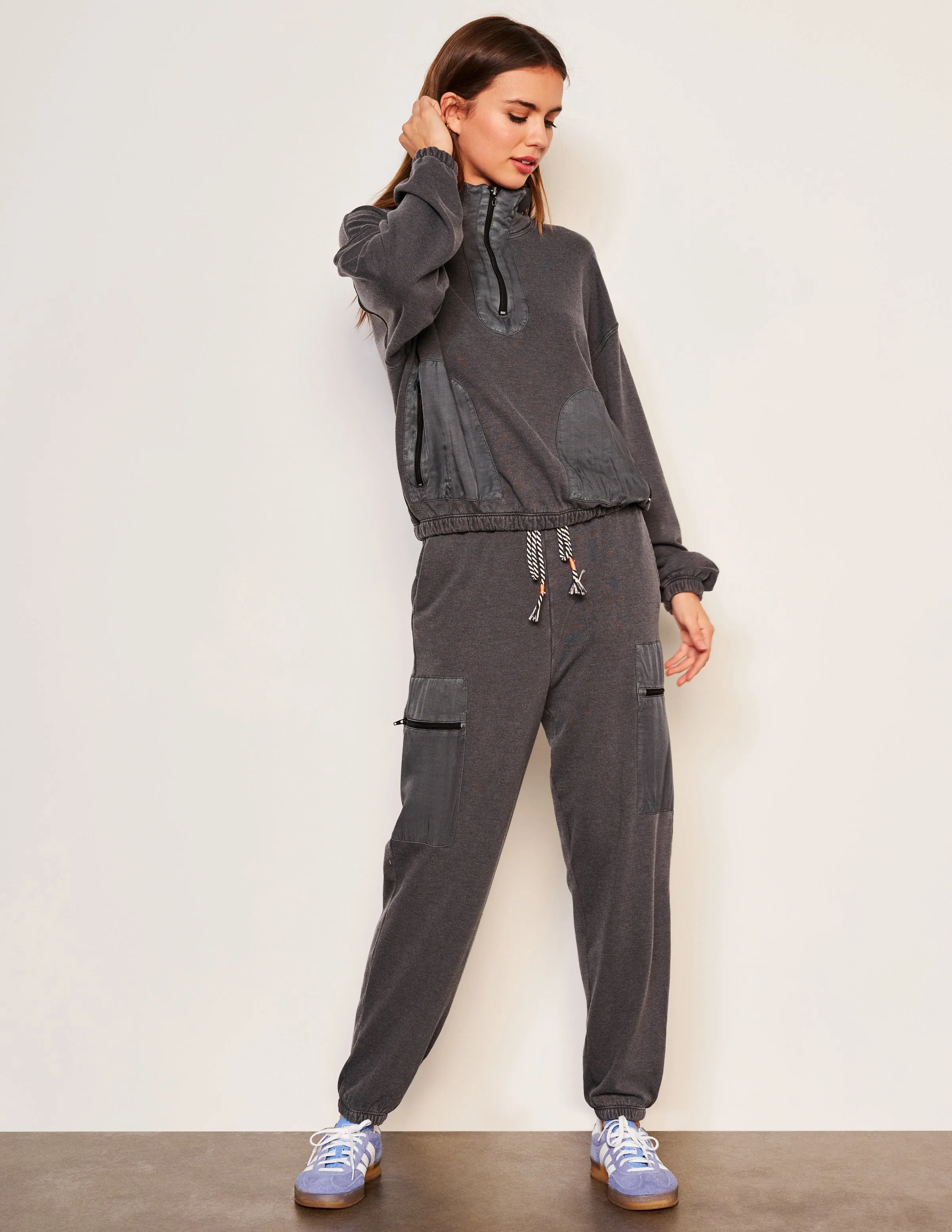 Sundry Mixed Media Half Zip Popover & Cargo Pant Set in Washed Black