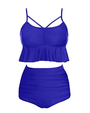 Vintage High Waisted Two Piece Swimsuits For Women Tummy Control Bikini Sets-Royal Blue