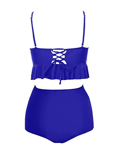 Vintage High Waisted Two Piece Swimsuits For Women Tummy Control Bikini Sets-Royal Blue