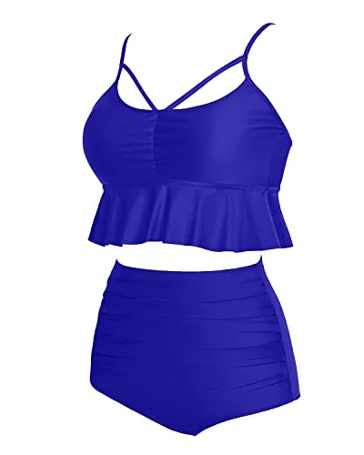 Vintage High Waisted Two Piece Swimsuits For Women Tummy Control Bikini Sets-Royal Blue