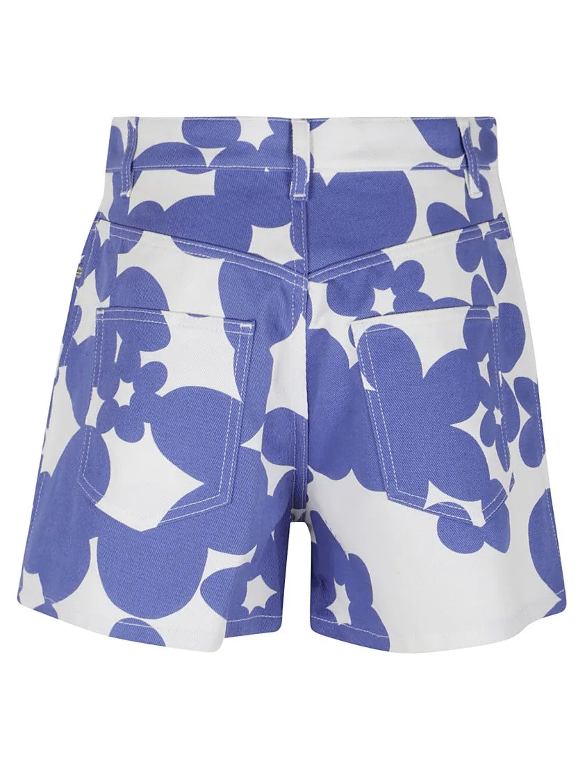 White Cotton Gabardine Shorts With Floral Motif