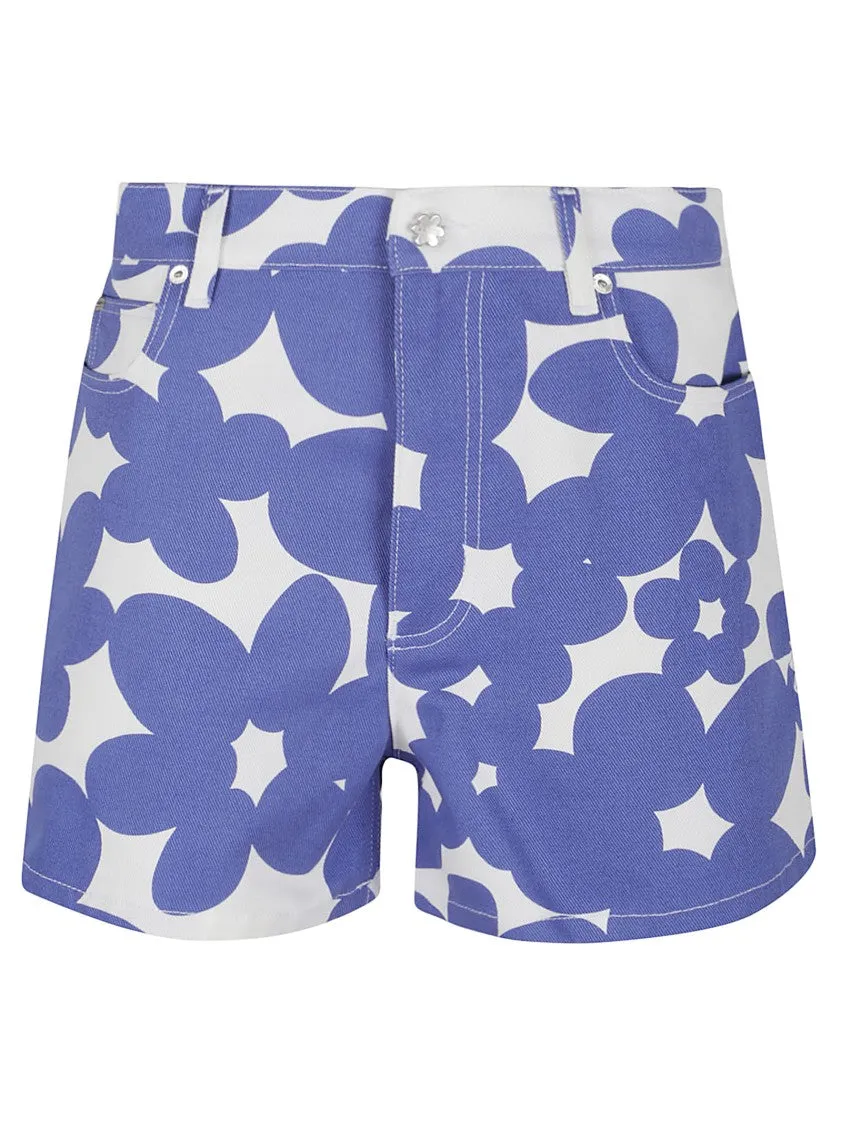 White Cotton Gabardine Shorts With Floral Motif
