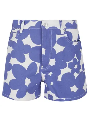 White Cotton Gabardine Shorts With Floral Motif