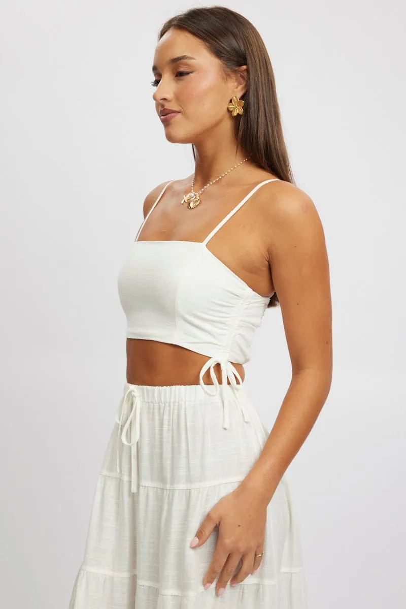 White Crop Cami Top Side Ruched Linen Blend