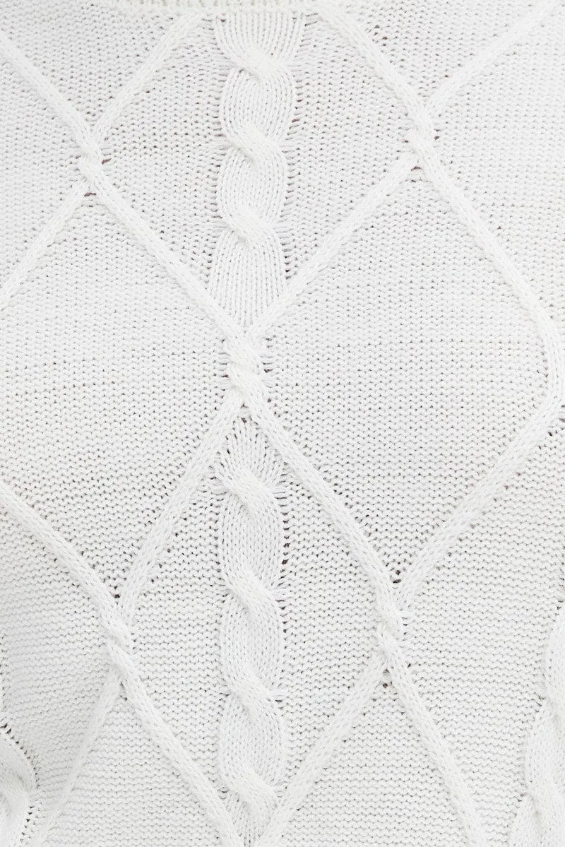 White Knit Jumper Long Sleeve Cabled Crop