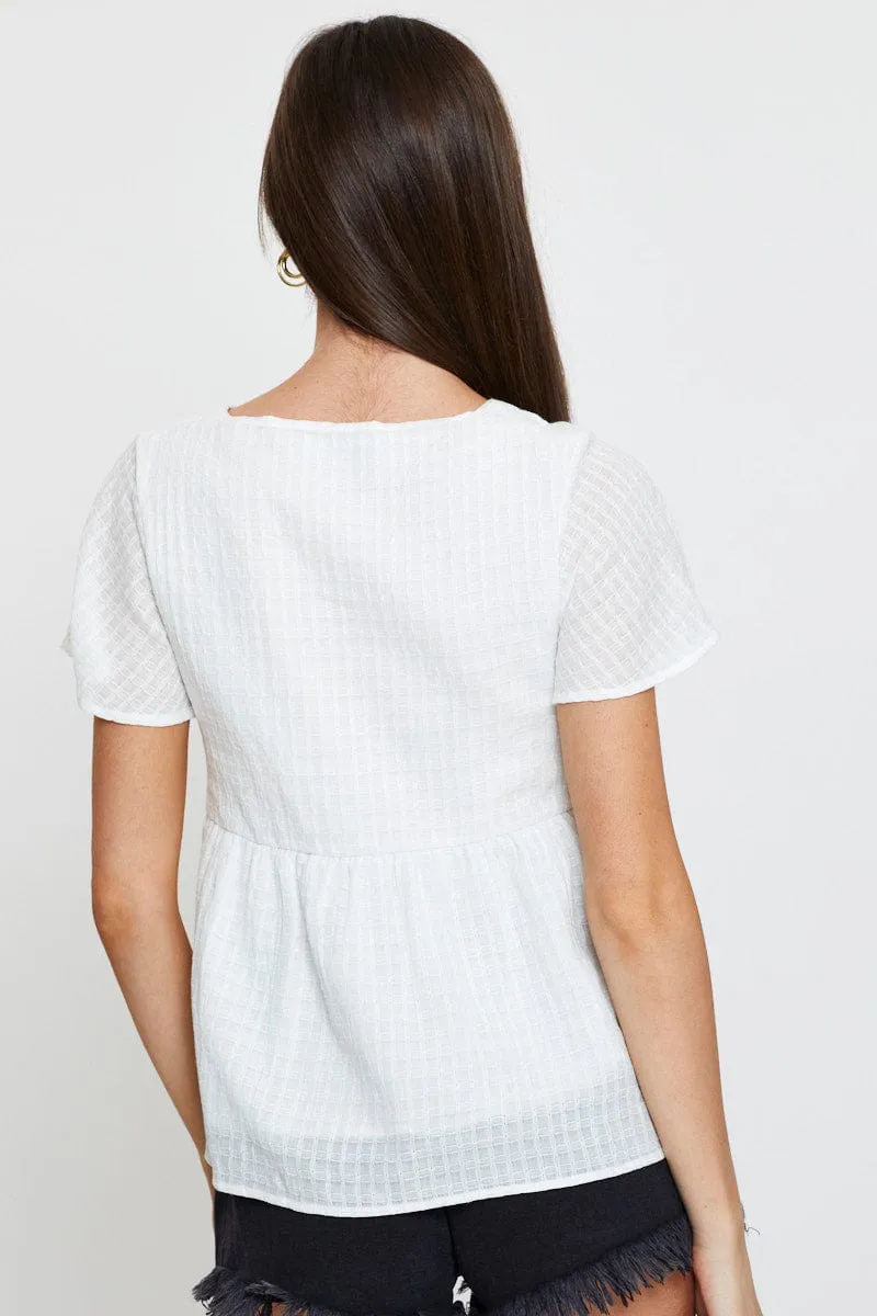 White Peplum Top Short Sleeve V-Neck Button Front