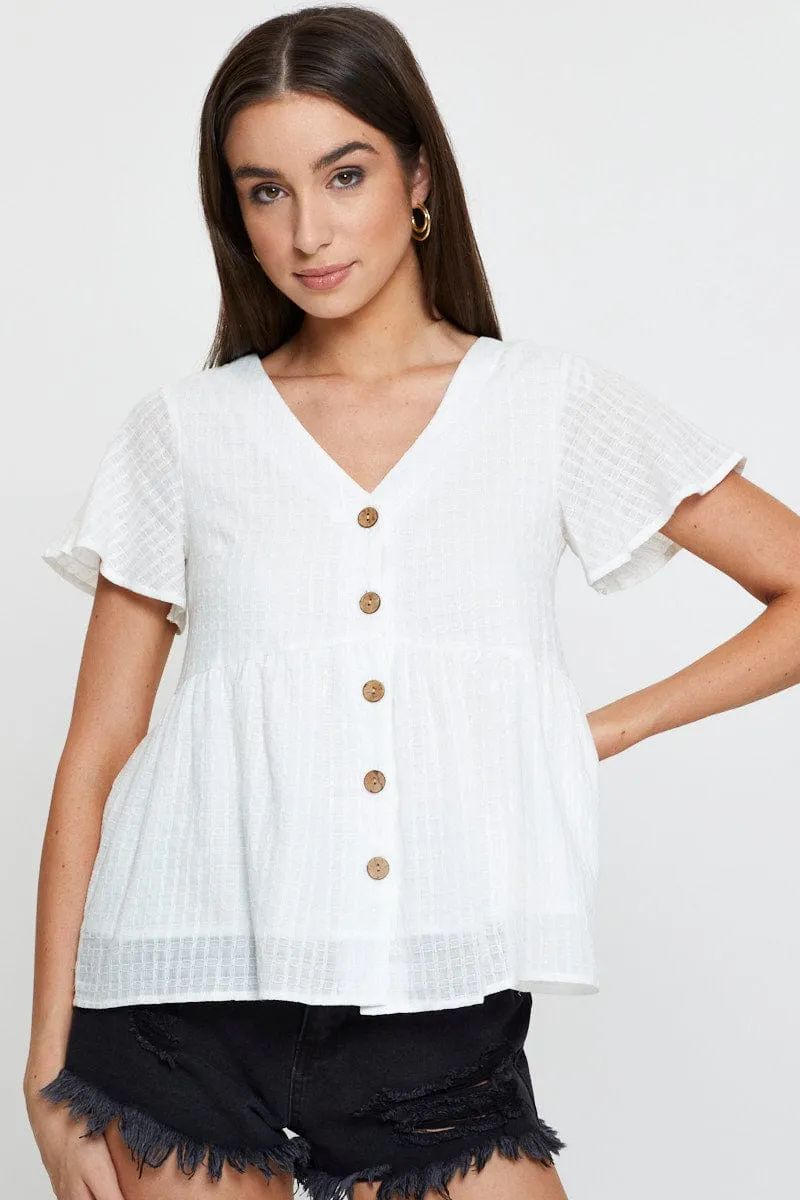 White Peplum Top Short Sleeve V-Neck Button Front