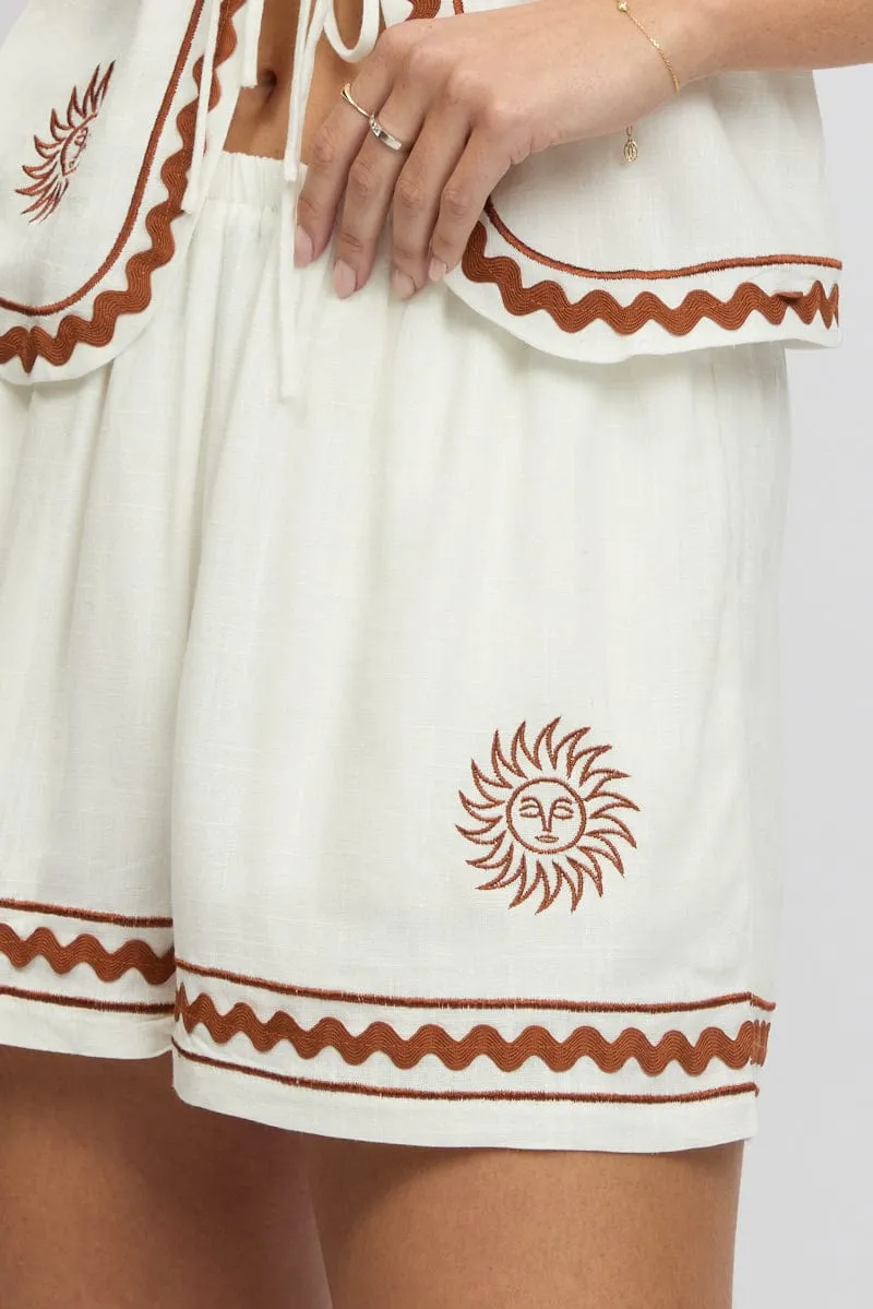 White Shorts Elasticated Waist Embroidery